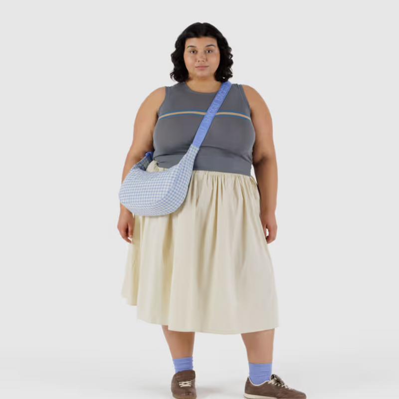 Medium Nylon Crescent Bag - Light Blue Gingham