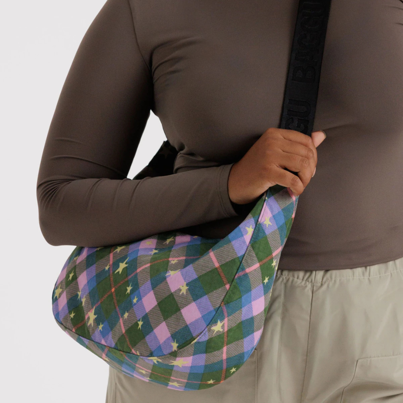 Medium Nylon Crescent Bag - Green Star Plaid