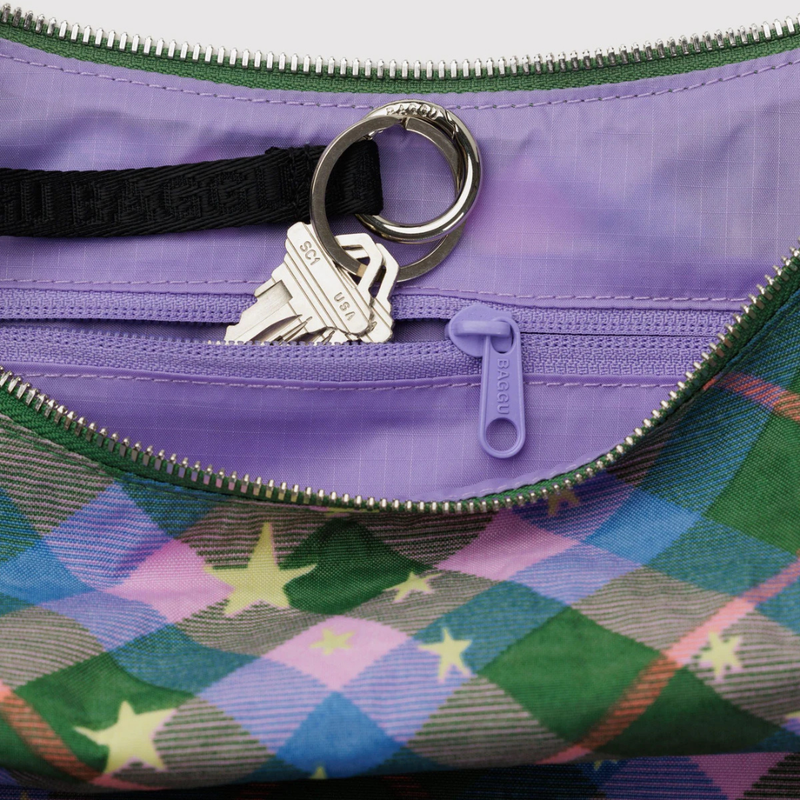 Medium Nylon Crescent Bag - Green Star Plaid