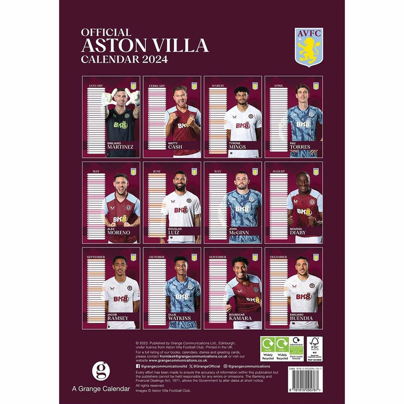 Aston Villa Football Club 2024 A3 Calendar