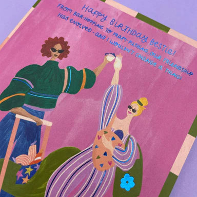 Happy Birthday friendship bar-hopping to pram-pushing Card