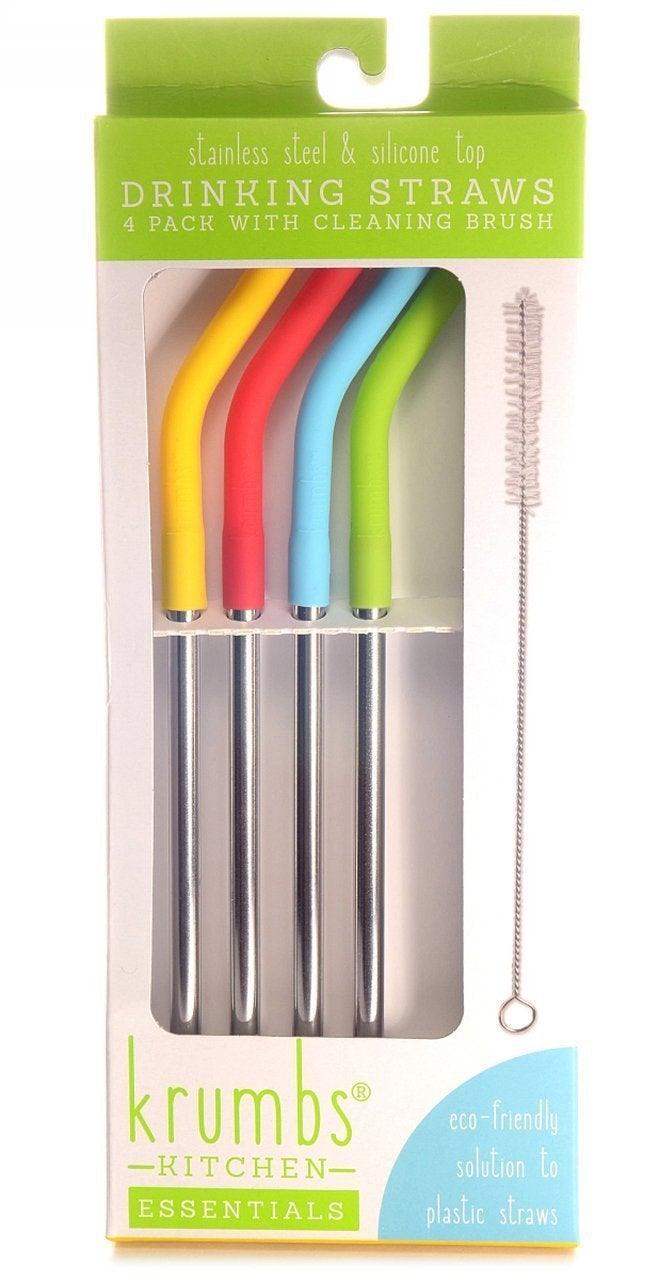 Krumbs Kitchen Essentials Stainless Steel & Silicone Top Drinking Straws - 4 Pack With Cleaning Brush - SpectrumStore SG